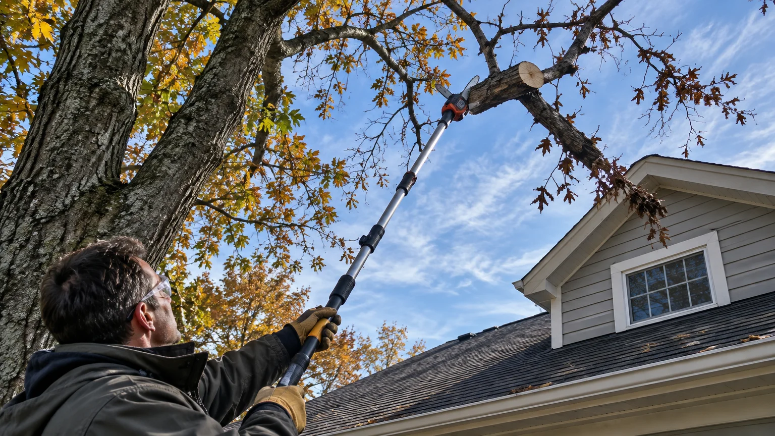 A man uses an extendable pole saw to trim an overhanging tree branch above a residential house roof.