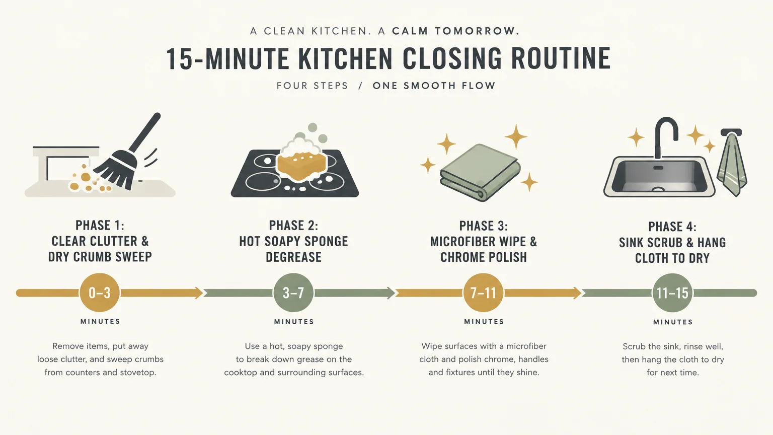 Diagram outlining a four-phase, 15-minute kitchen closing routine with step-by-step icons and timelines.