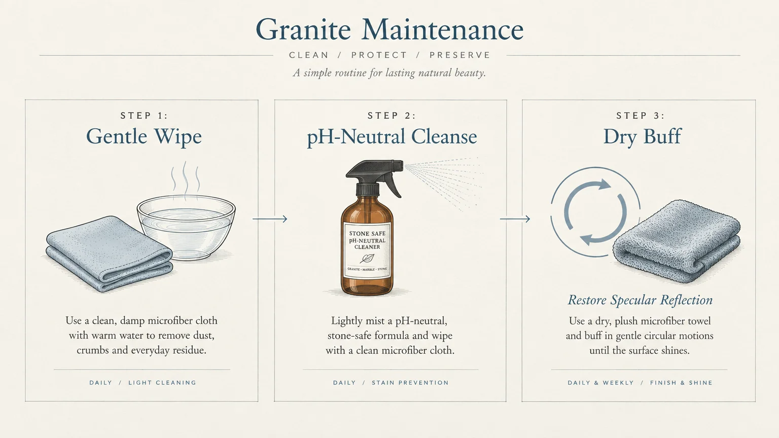 Illustrated three-step granite maintenance guide showing gentle wiping, pH-neutral spray cleansing, and dry buffing.