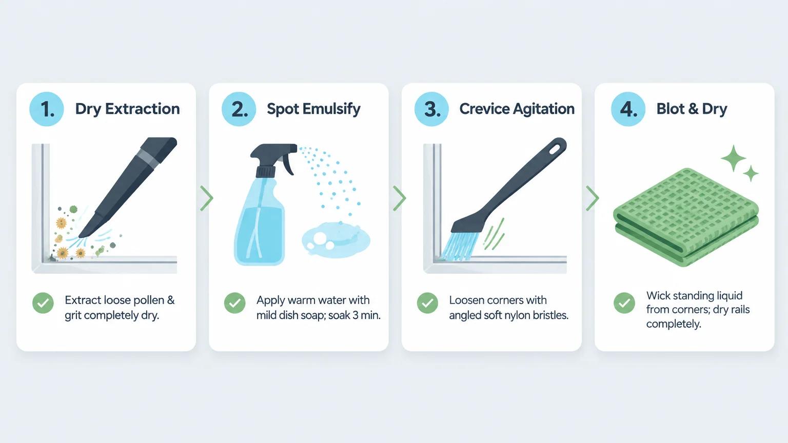 Four-step diagram showing dry extraction, spot emulsify, crevice agitation, and blot and dry for window cleaning.