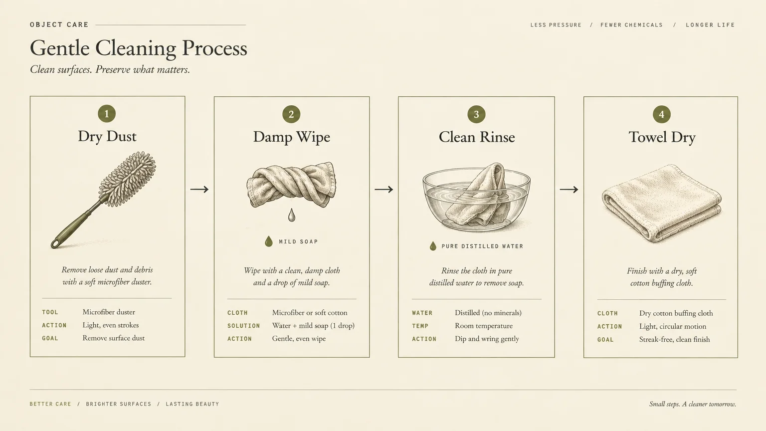 Four-step diagram showing a gentle cleaning process: dry dust, damp wipe, clean rinse, and towel dry with illustrated tools.