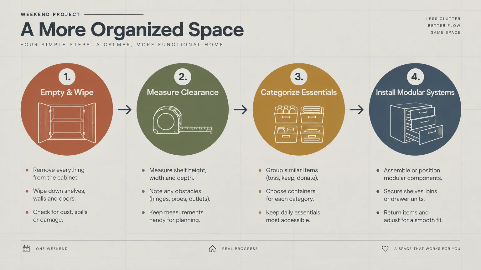 Four-step diagram titled A More Organized Space detailing steps to empty, measure, categorize, and install modular systems.