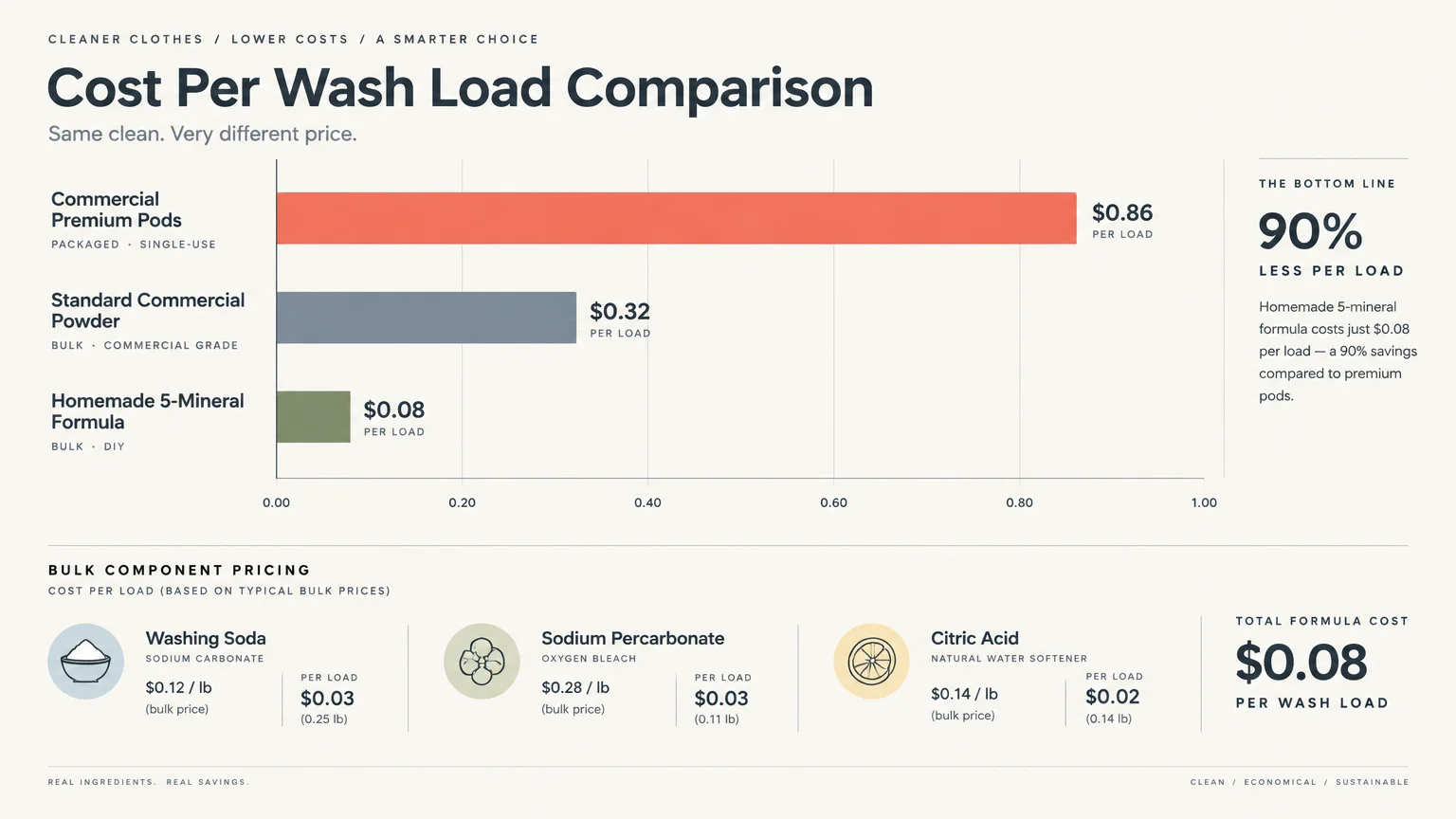 Bar chart comparing detergent costs per load, showing commercial pods at $0.86 and homemade formula at $0.08.