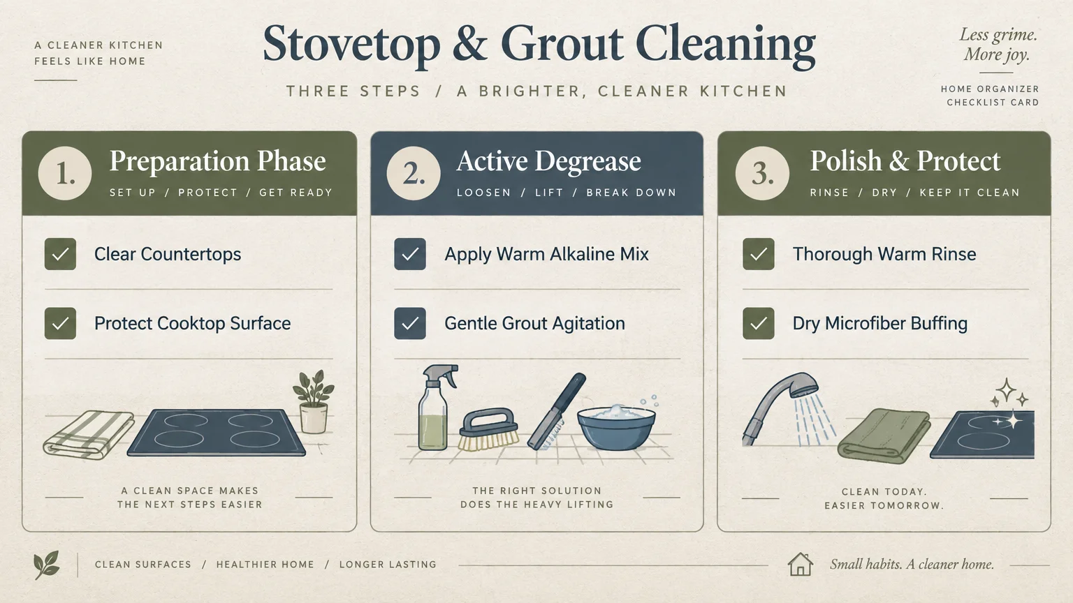 Three-step checklist graphic for stovetop and grout cleaning, outlining preparation, degreasing, and polishing phases.
