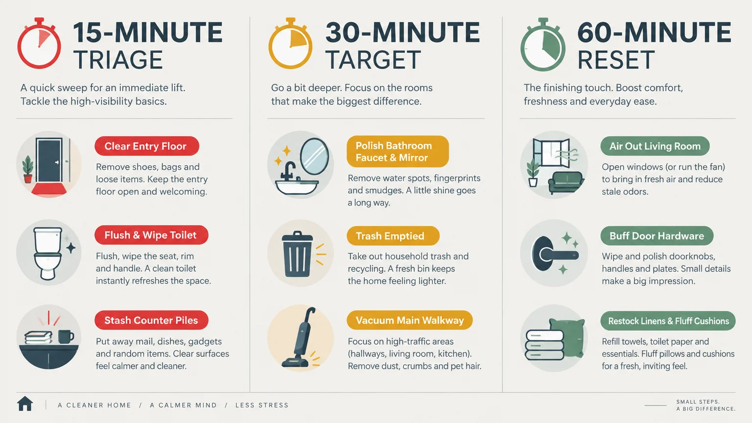 Infographic comparing 15-minute triage, 30-minute target, and 60-minute reset cleaning checklists with round icons.