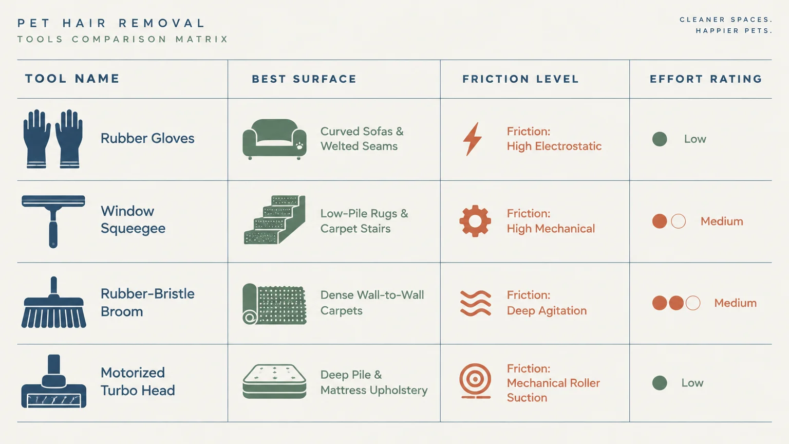 Table comparing pet hair removal tools by best surface, friction level, and effort rating with icons and text.