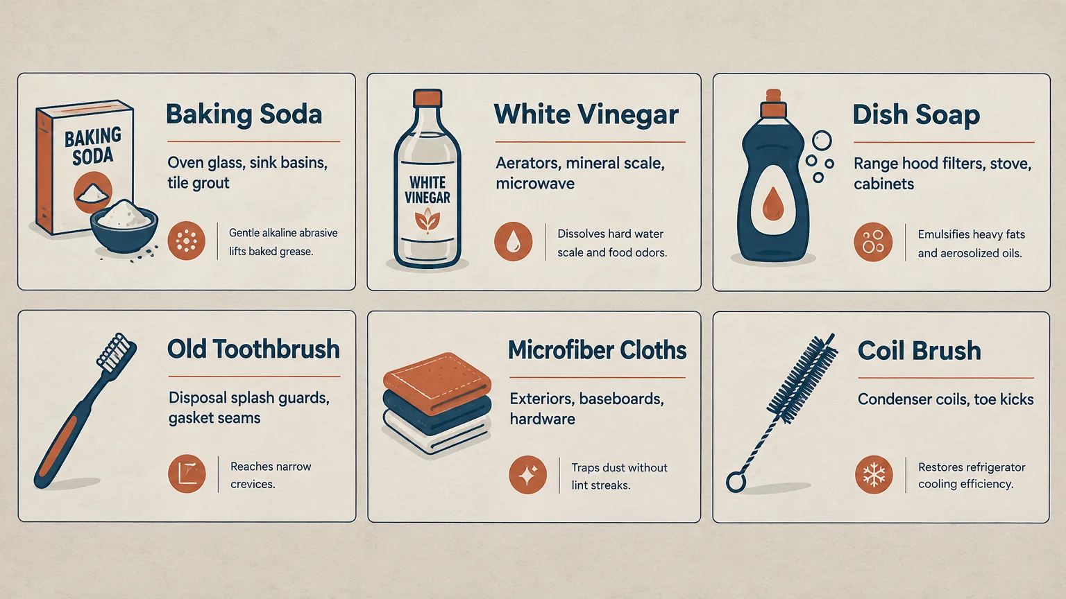 Six cards illustrating cleaning supplies including baking soda, vinegar, dish soap, toothbrush, microfiber cloths, and brush.