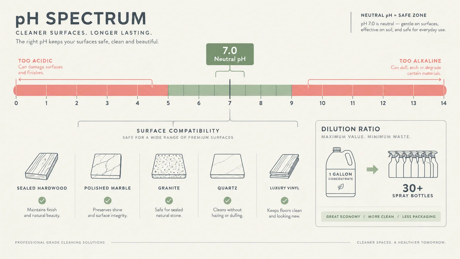 Diagram of a pH spectrum highlighting neutral 7.0, compatible surfaces, and a gallon concentrate yielding 30+ spray bottles.