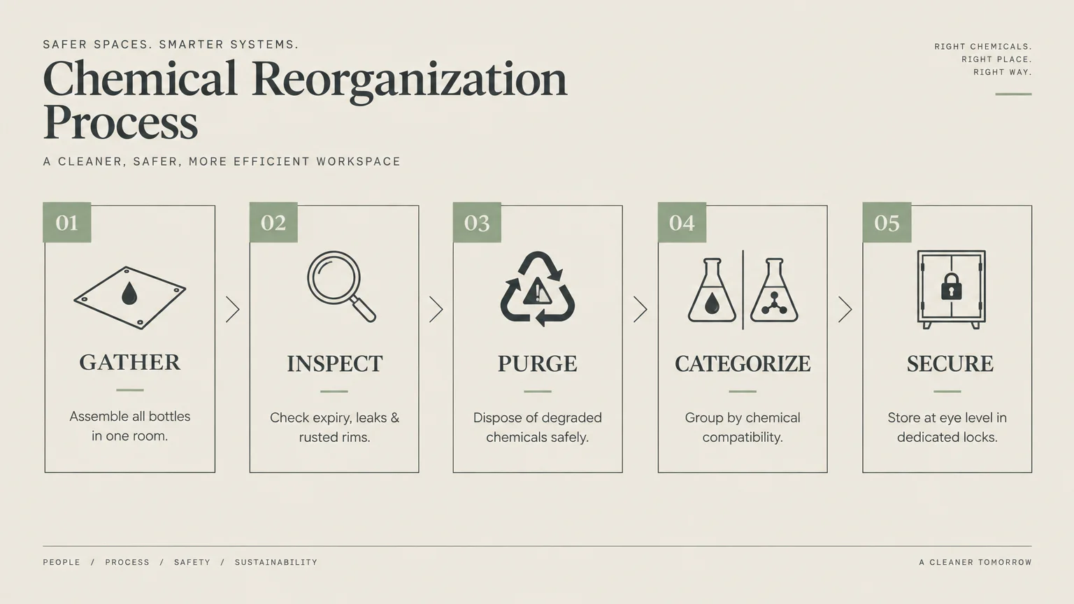 Diagram outlining a five-step chemical reorganization process: gather, inspect, purge, categorize, and secure.