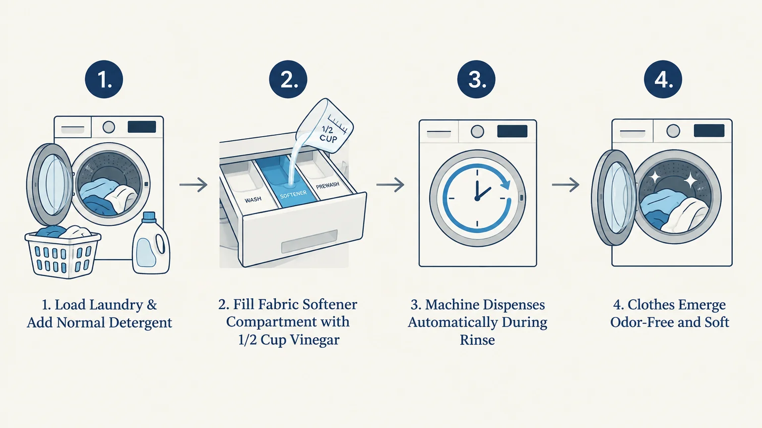 Four-step diagram showing laundry loading, pouring vinegar into the softener compartment, machine cycle, and clean clothes.