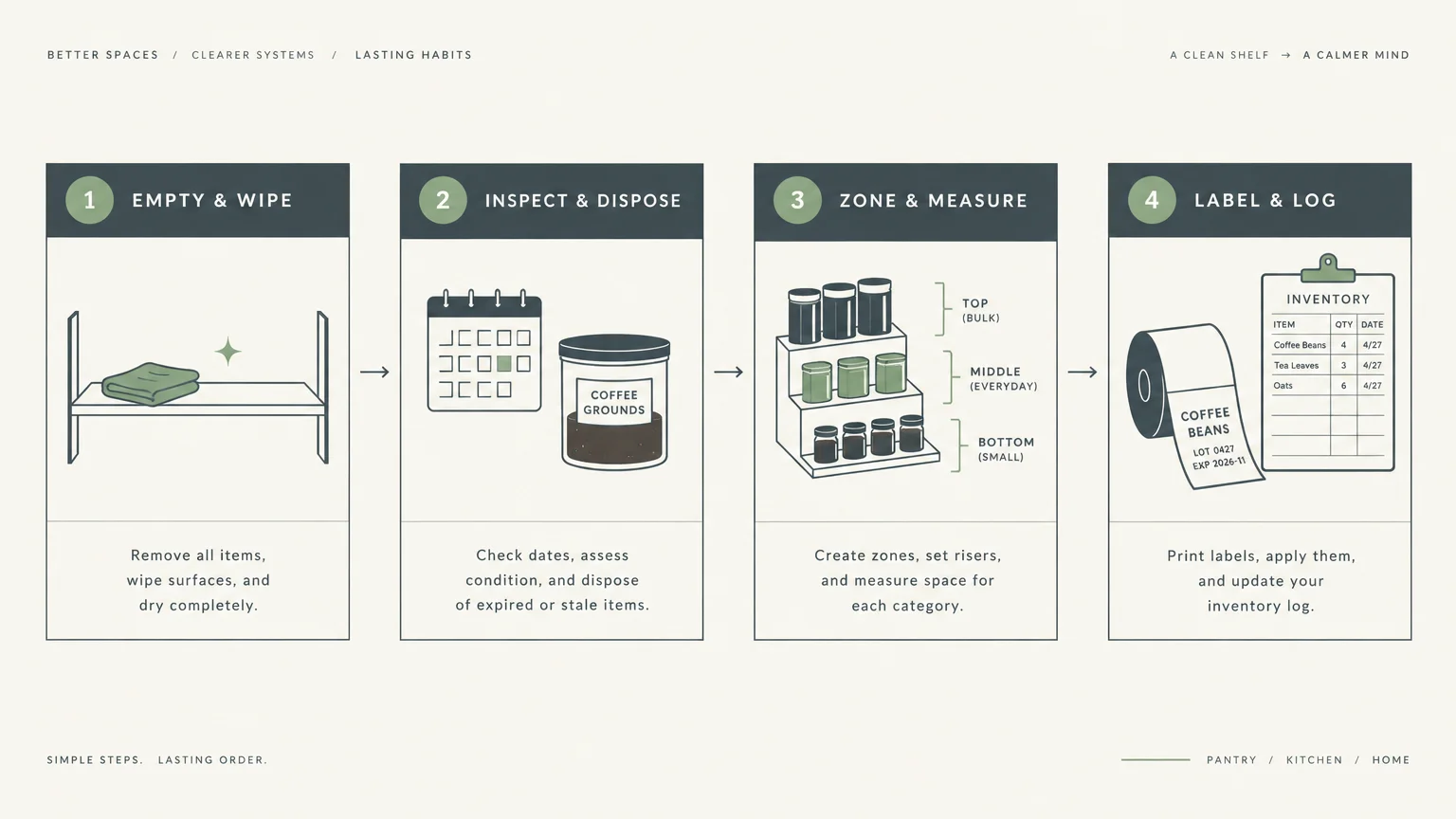Four-step diagram showing empty and wipe, inspect and dispose, zone and measure, and label and log with illustrated shelves.