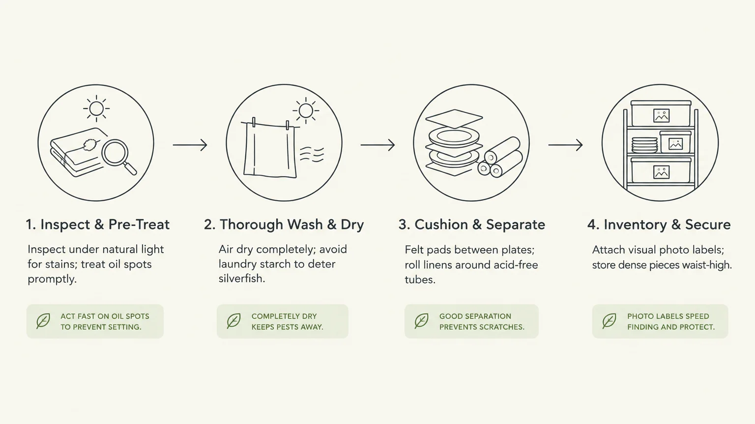 Four-step diagram showing routine steps: Inspect & Pre-Treat, Thorough Wash & Dry, Cushion & Separate, and Inventory & Secure.
