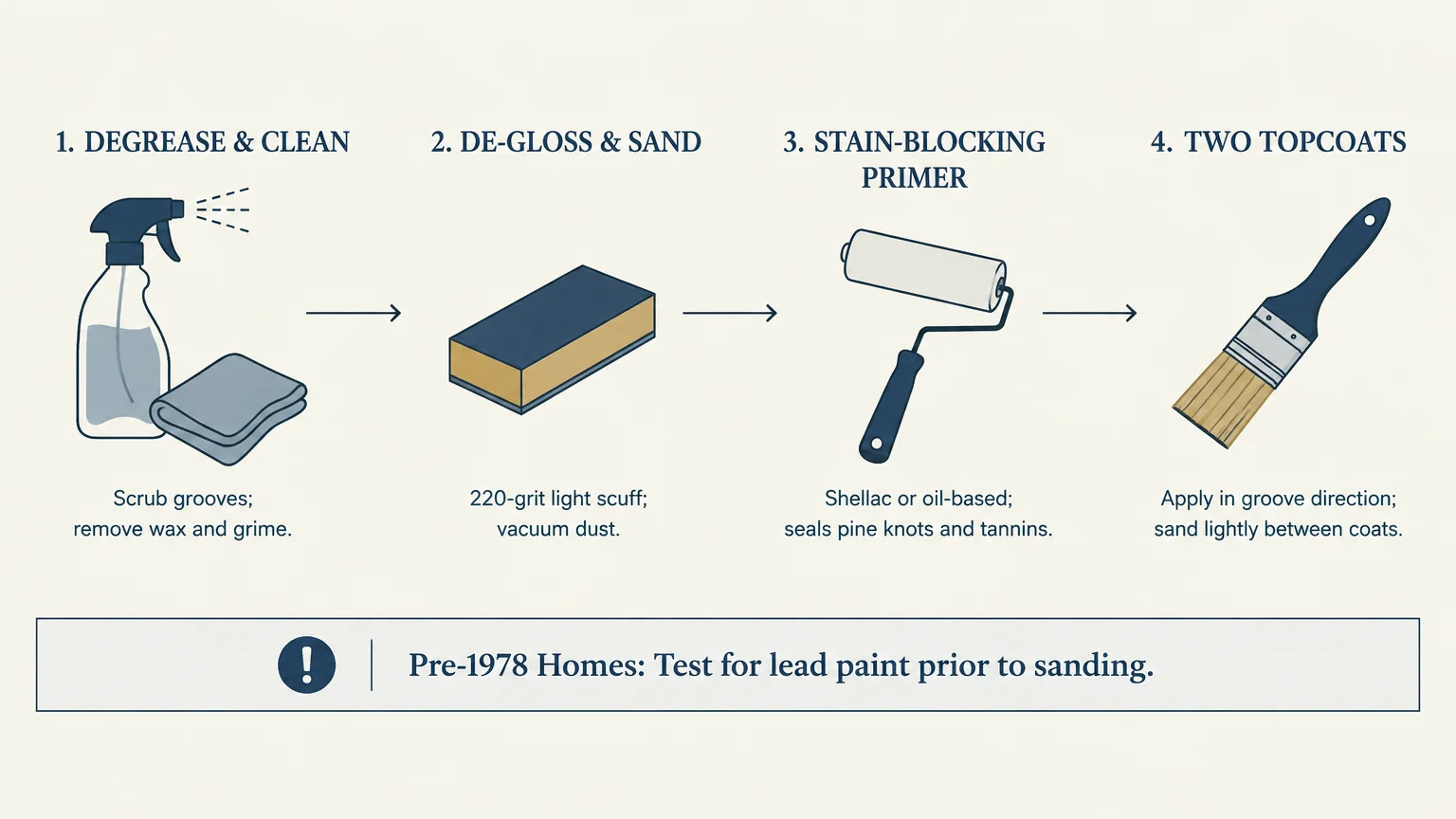 Four-step diagram showing degreasing spray, sanding sponge, paint roller for primer, and paintbrush for topcoats.