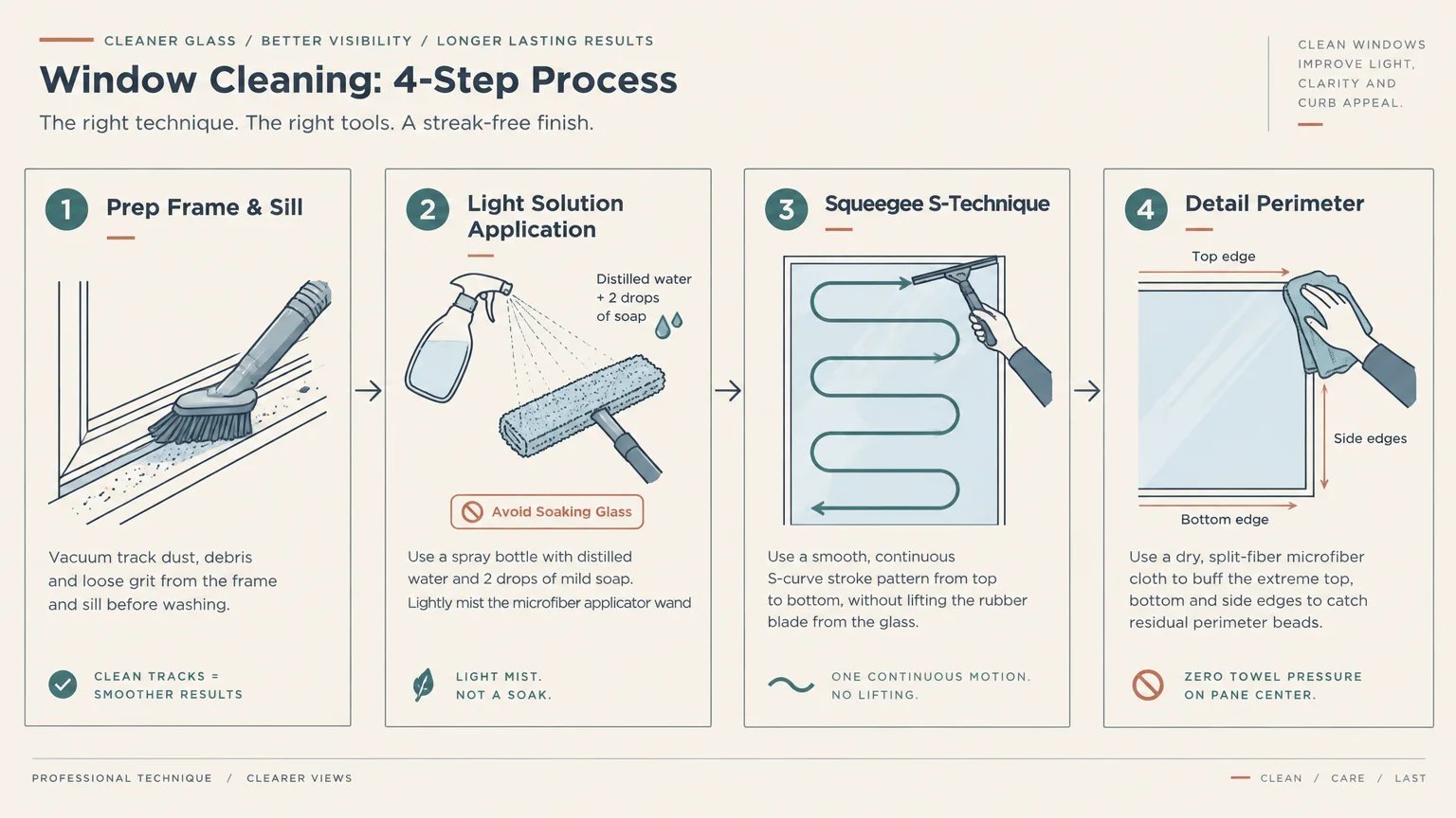 Diagram outlining a 4-step window cleaning process from prepping frames to squeegeeing and detailing edges.