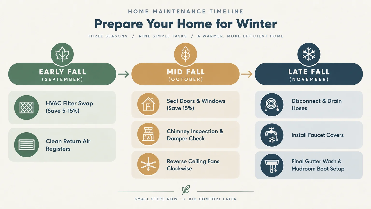 Timeline infographic dividing fall home maintenance tasks into Early Fall, Mid Fall, and Late Fall columns.