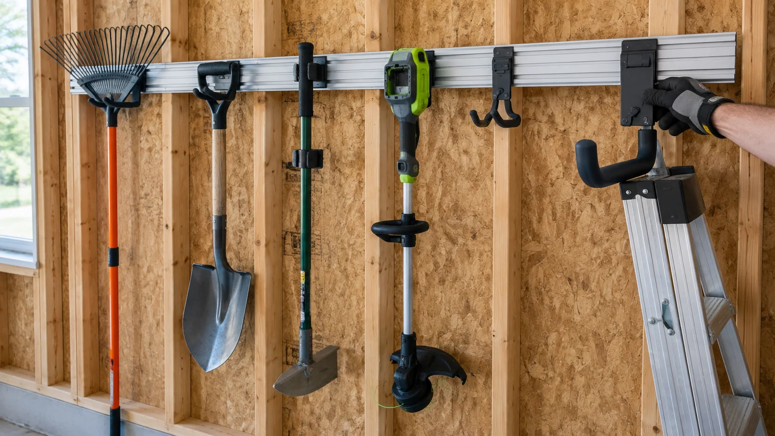 Garden tools, a string trimmer, and a ladder hang from hooks on a metal wall track mounted across wooden studs.