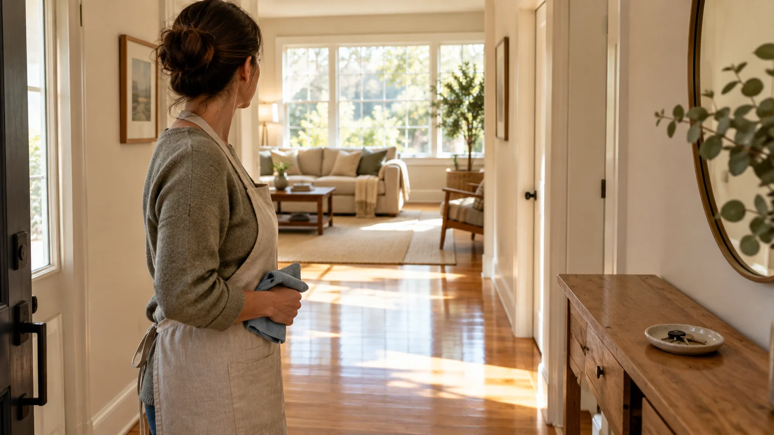 Woman wearing an apron and holding a cloth looks down a bright wooden hallway toward a tidy living room.