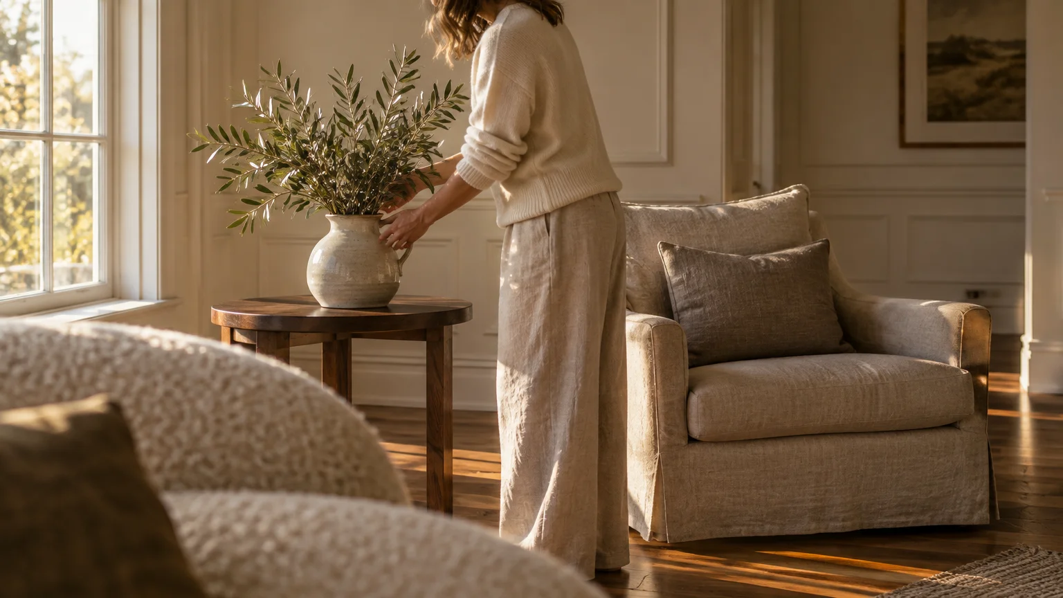 A person placing a ceramic vase filled with olive branches onto a wooden side table in a sunlit living room.