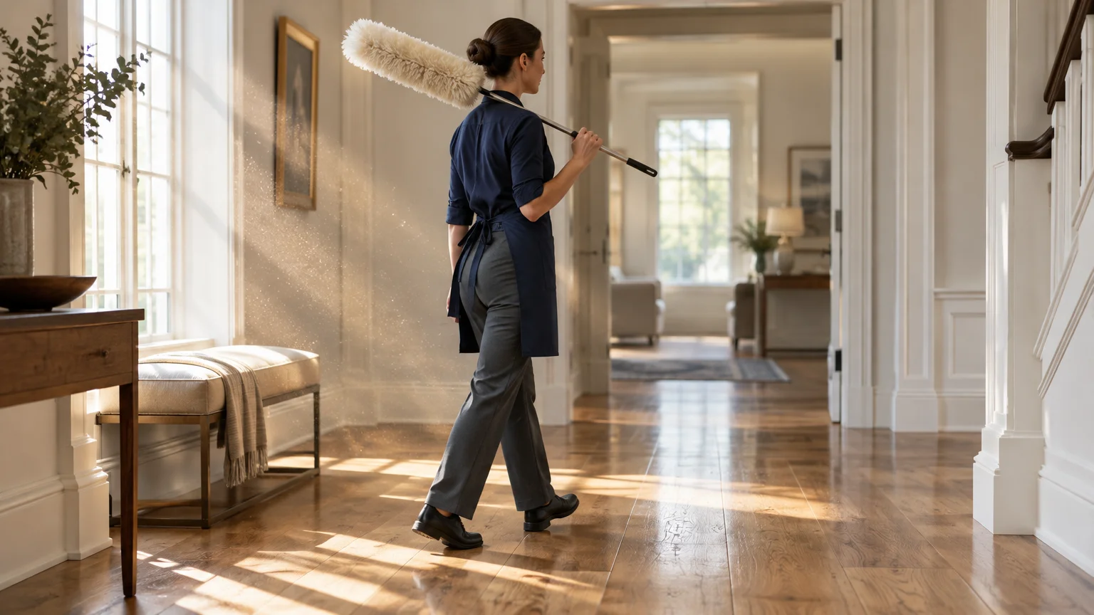 A uniformed housekeeper carrying a long duster over her shoulder walks along a sunlit hallway with polished wood floors.