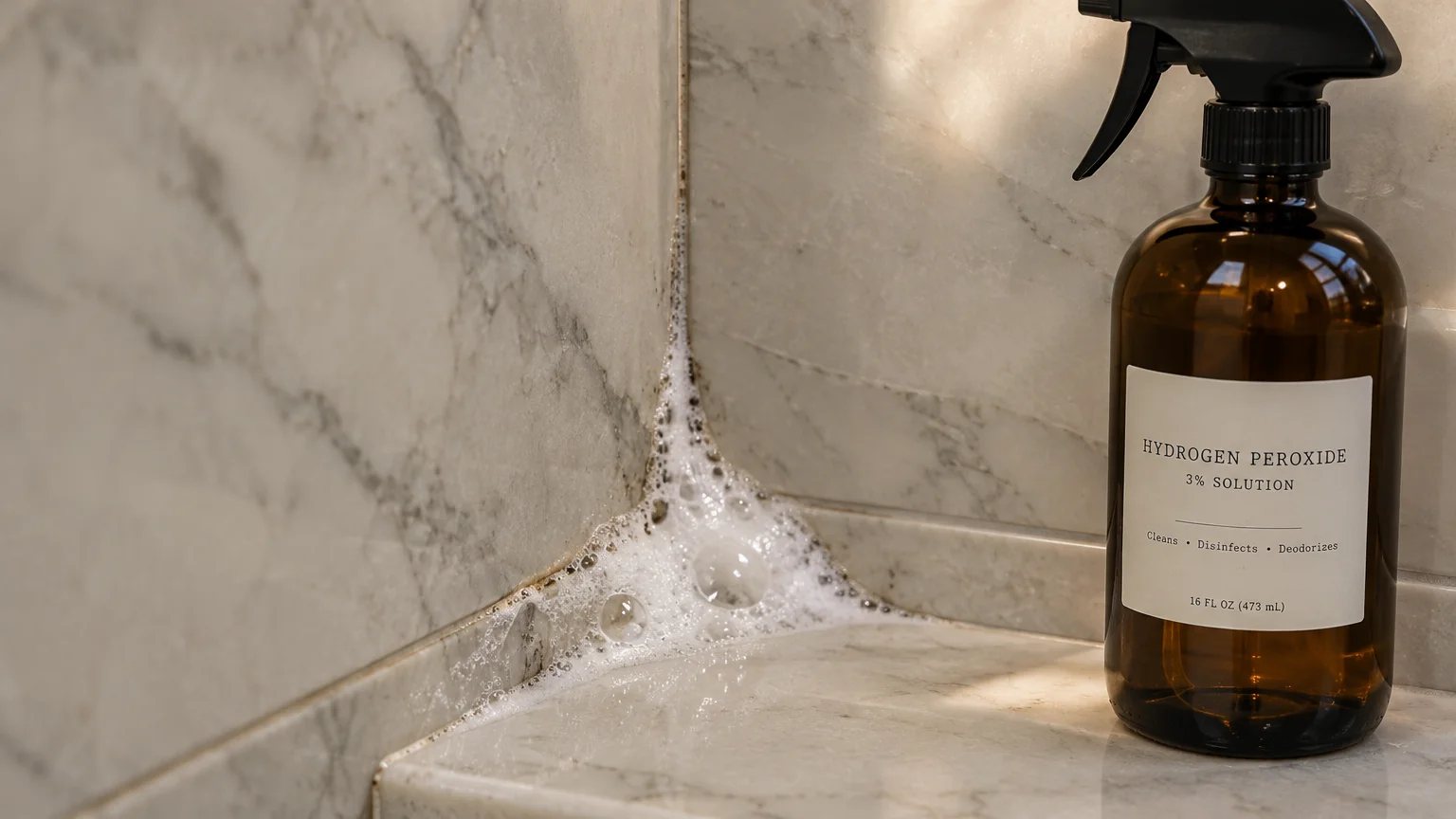 Amber glass spray bottle of hydrogen peroxide next to foaming bubbles along a dirty marble shower corner.