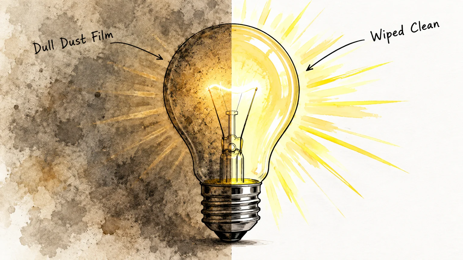 Split illustration of a light bulb, showing a grimy, dark half labeled Dull Dust Film and a bright half labeled Wiped Clean.