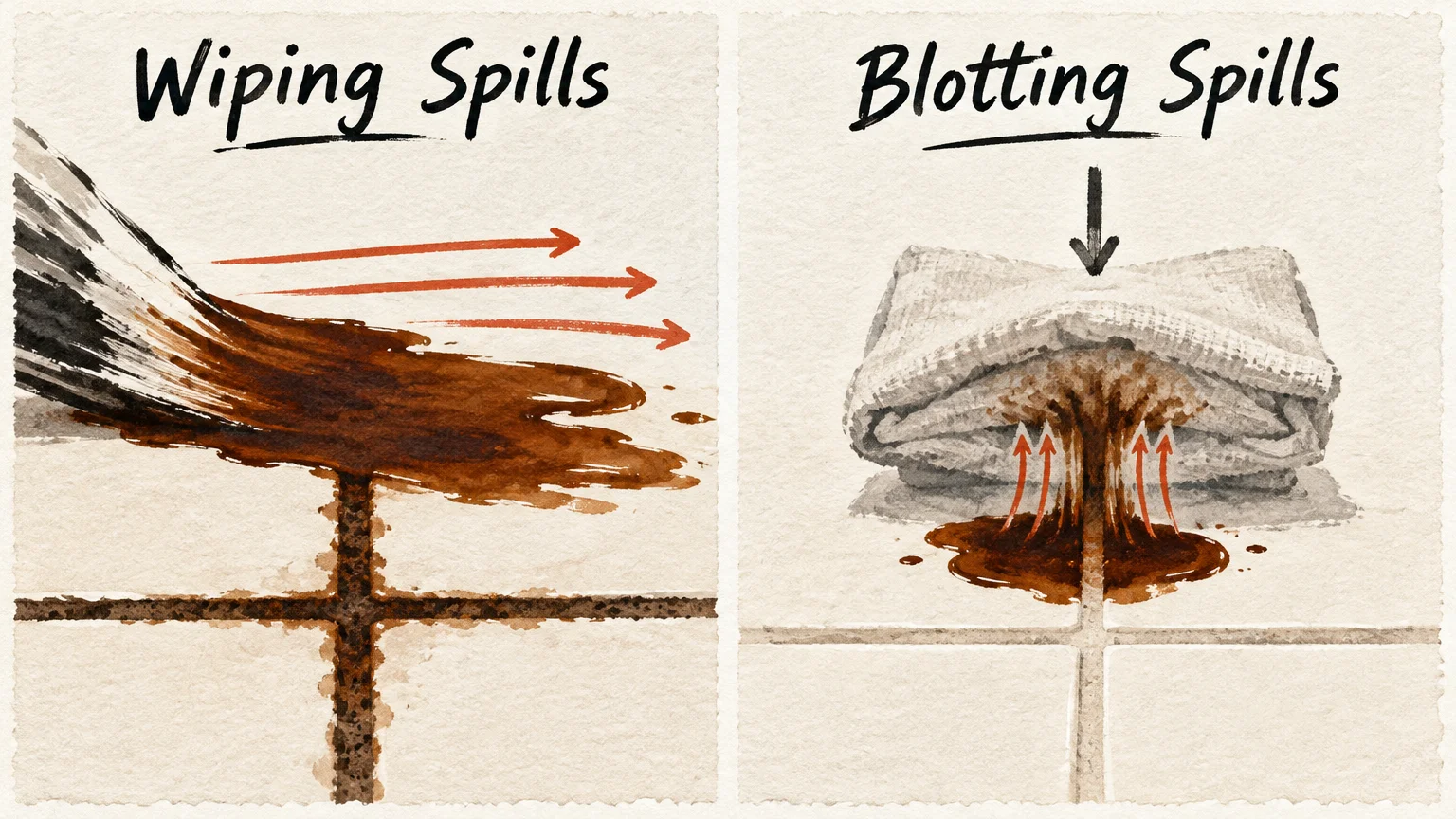 Split illustration contrasting wiping a dark spill across tile grout with blotting it upward into a folded cloth.