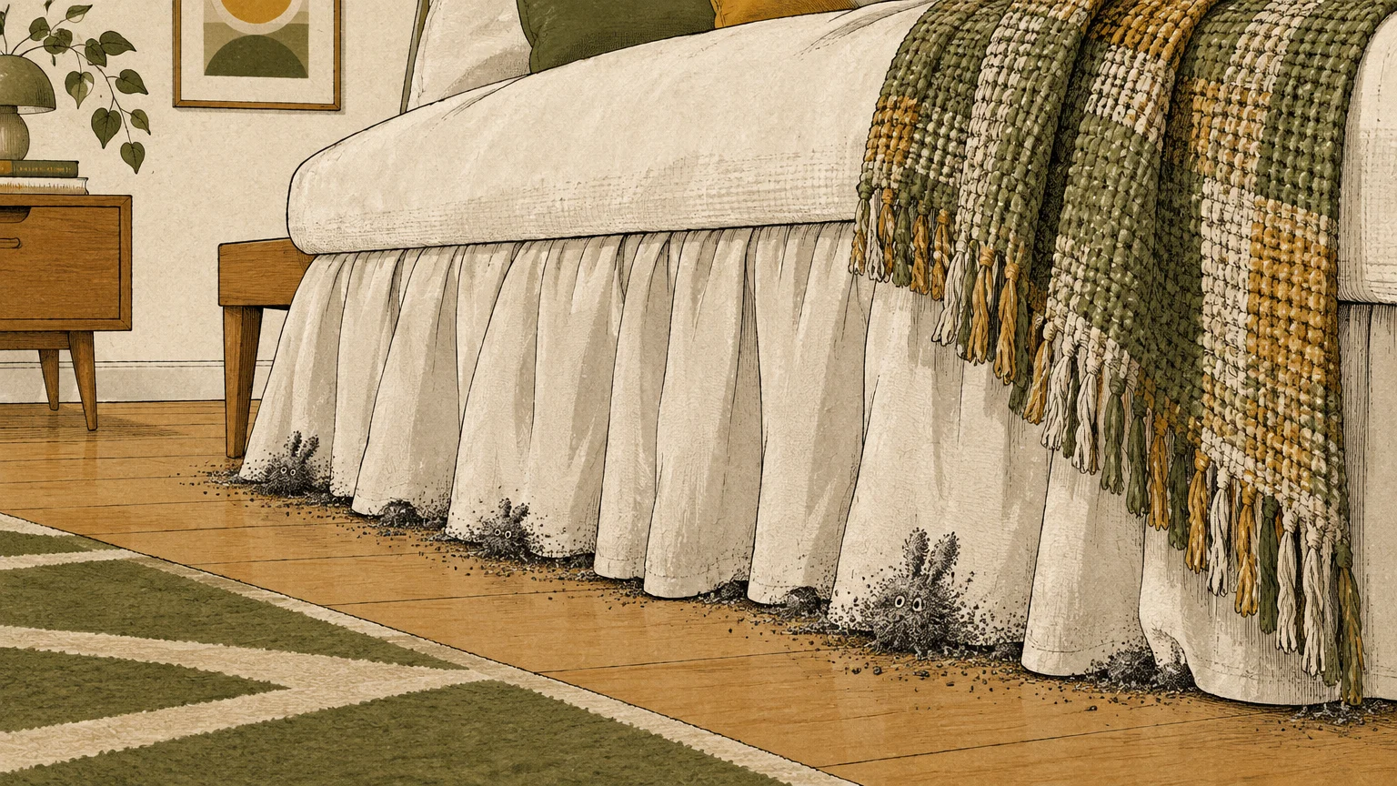 Illustration of a ruffled bed skirt touching a wood floor, surrounded by small dust bunny creatures and debris.
