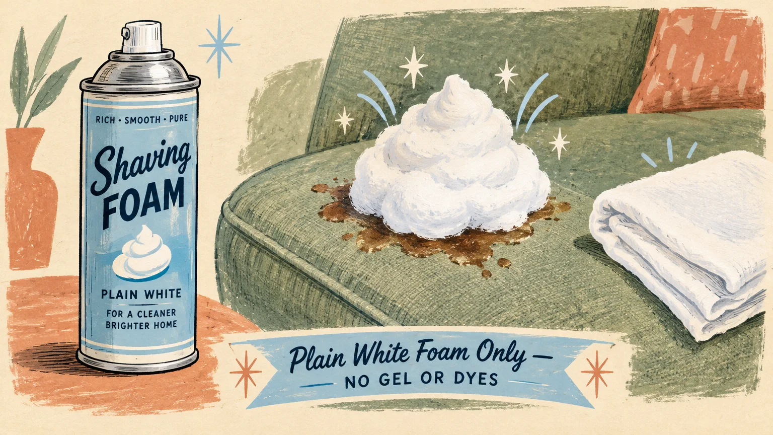 A can of shaving foam next to a dollop of white foam on a stained green sofa cushion, beside a folded white towel.