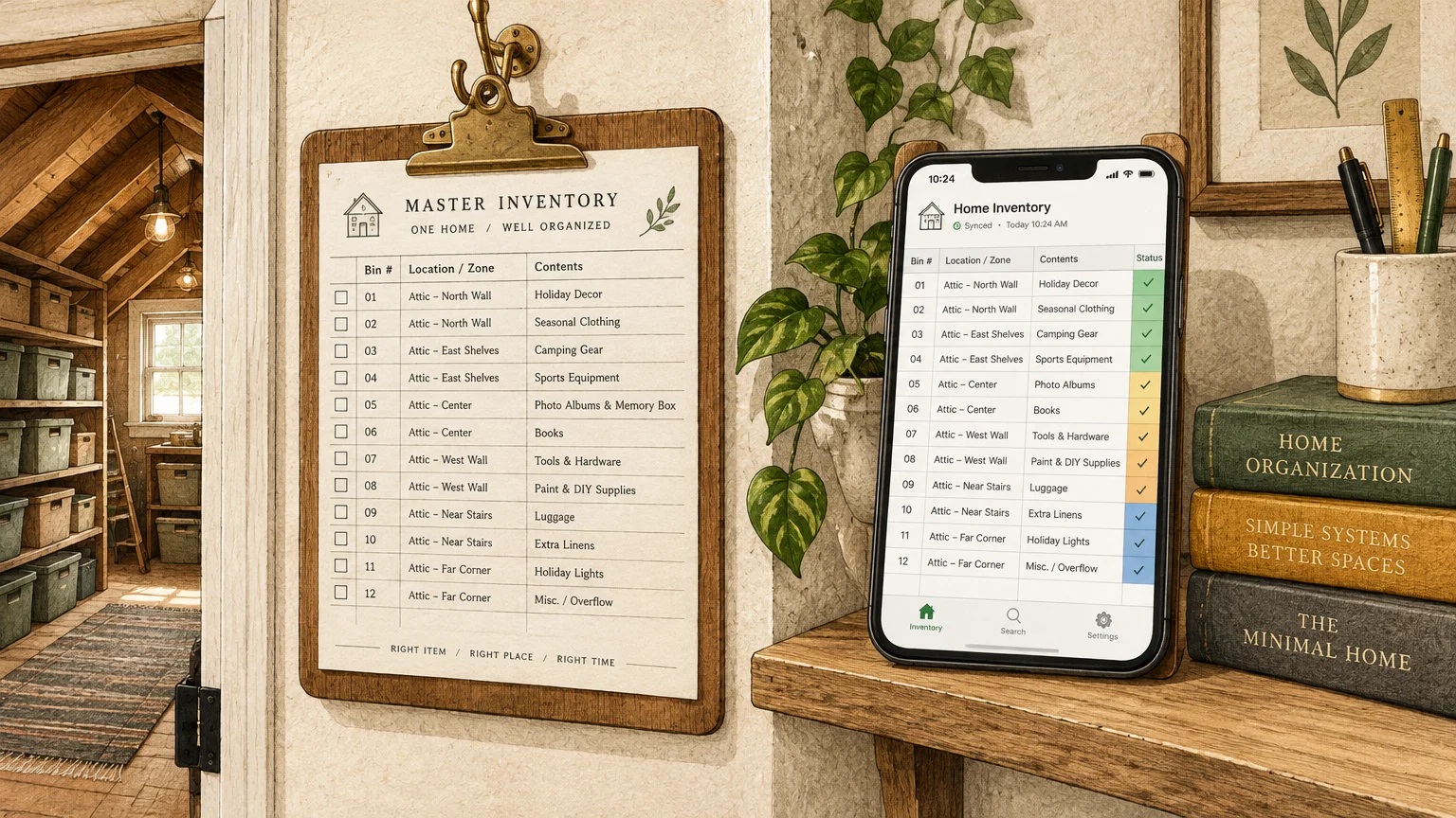 Clipboard master inventory checklist hanging next to a smartphone displaying a matching digital home inventory app.