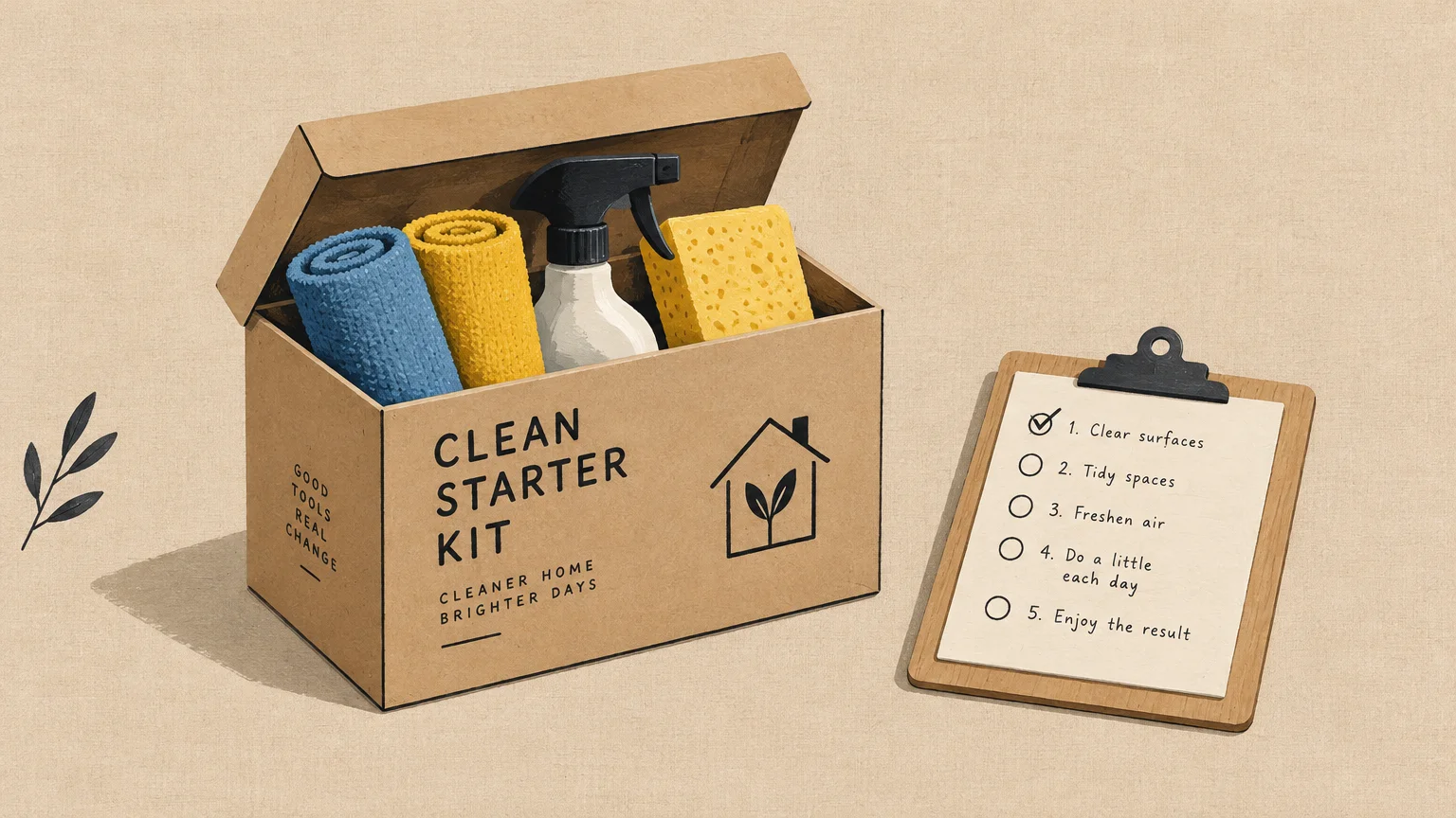 Illustration of a cardboard box packed with cleaning supplies next to a wooden clipboard with a five-step checklist.