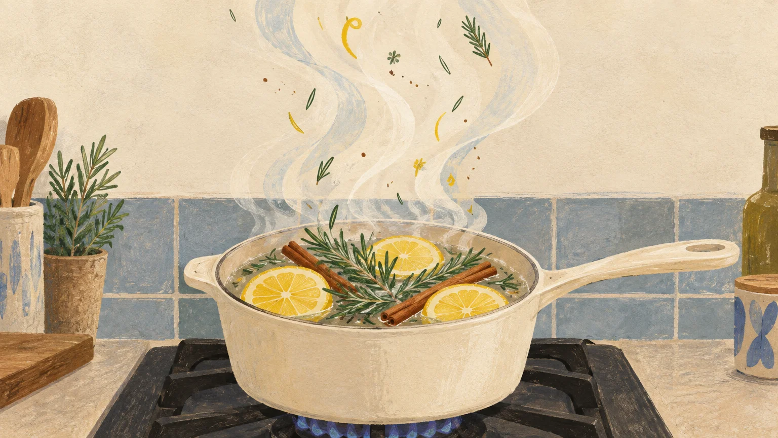 Illustration of a saucepan on a lit gas stove simmering water with lemon slices, rosemary sprigs, and cinnamon sticks.