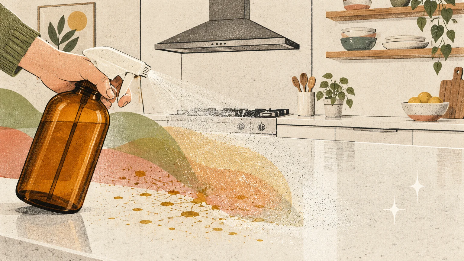 Illustration of a hand spraying an amber glass bottle onto a kitchen countertop splattered with stains.