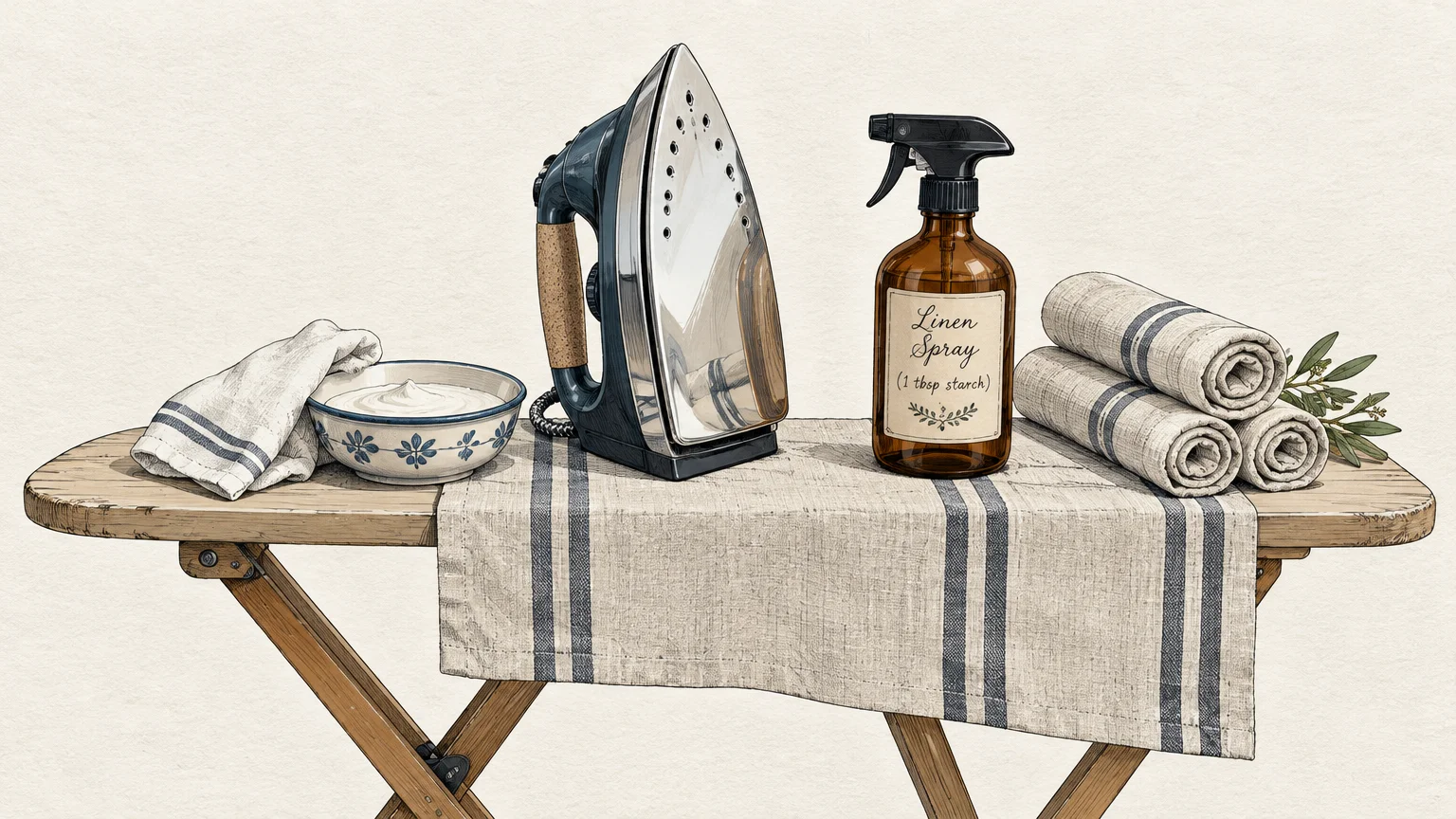Illustration of an iron, amber glass spray bottle, bowl of paste, and rolled towels on a wooden ironing board.