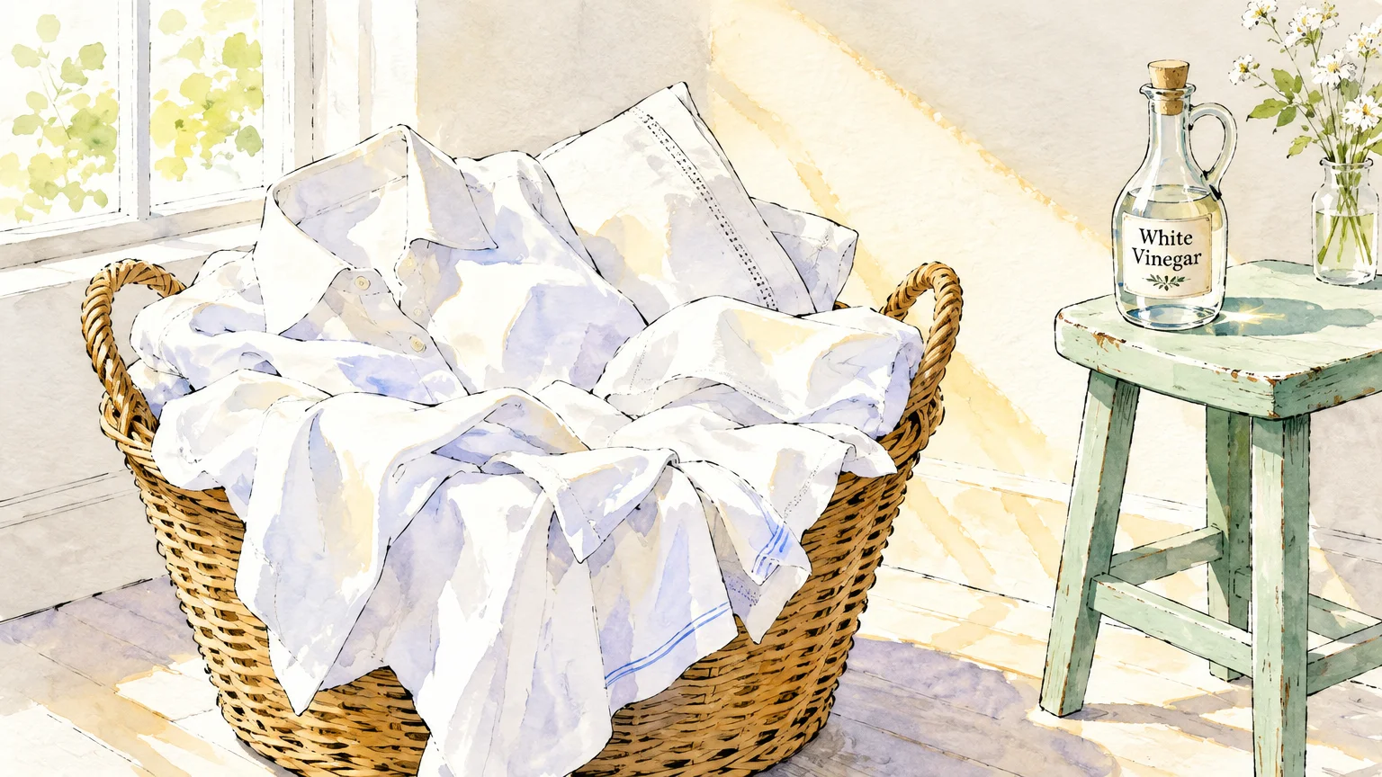 Watercolor illustration of a woven basket filled with white laundry beside a stool holding a bottle of white vinegar.