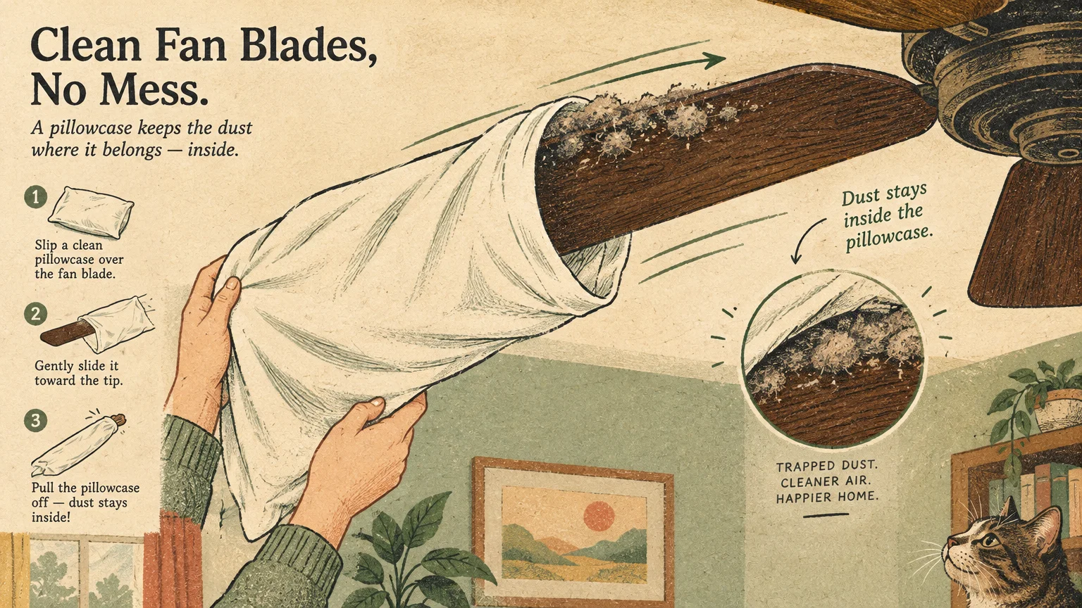 Illustration of hands sliding a white pillowcase over a dusty wooden ceiling fan blade, with numbered step-by-step cleaning tips.