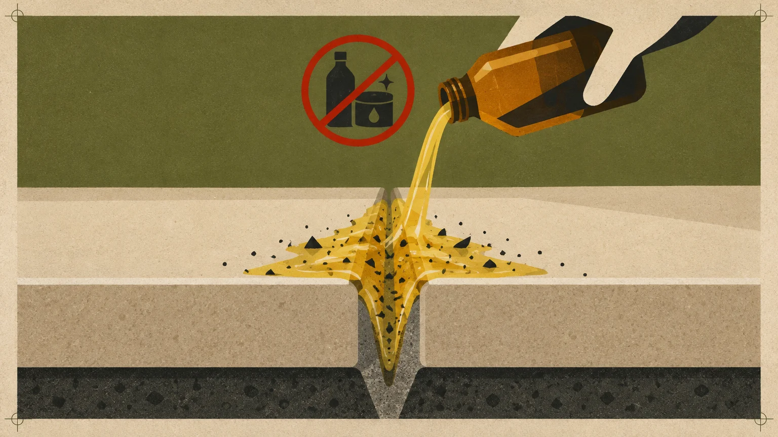 Illustration of brown liquid poured into a tile grout seam with black dirt specks and a red prohibition sign.