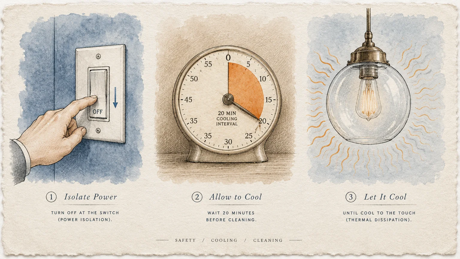 Three-panel vintage illustration showing a hand turning off a light switch, a 20-minute timer, and a glowing glass pendant light.