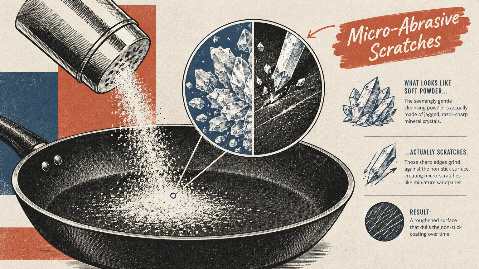 Illustration of powder cleanser shaking onto a non-stick pan, with diagrams showing microscopic crystals scratching the coating.