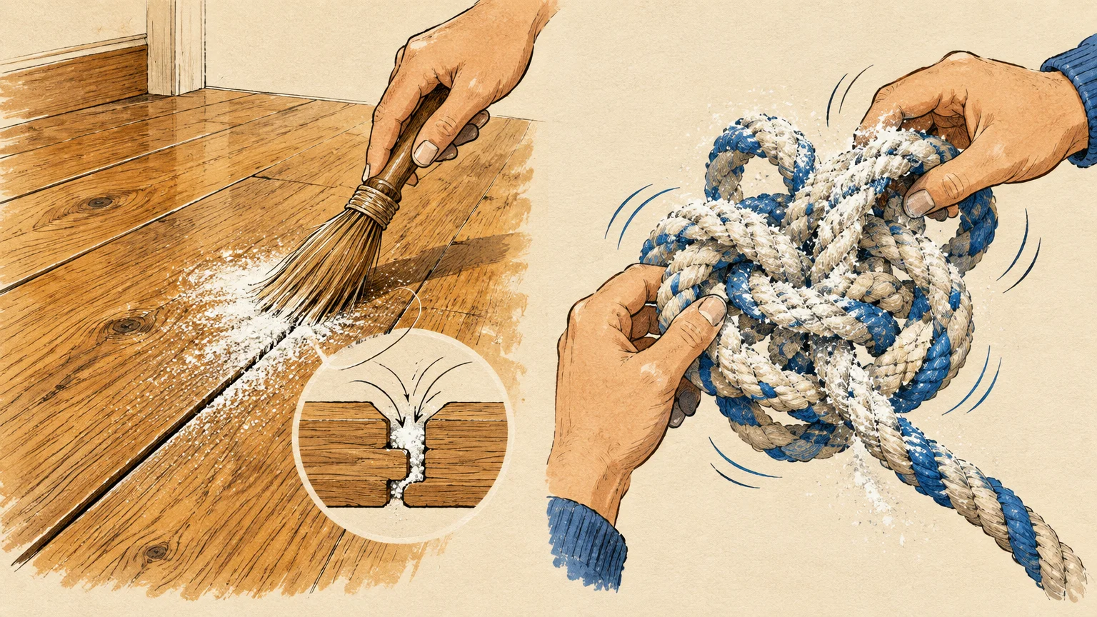 Illustration of sweeping white powder into floorboard seams alongside hands untying a powder-dusted rope knot.