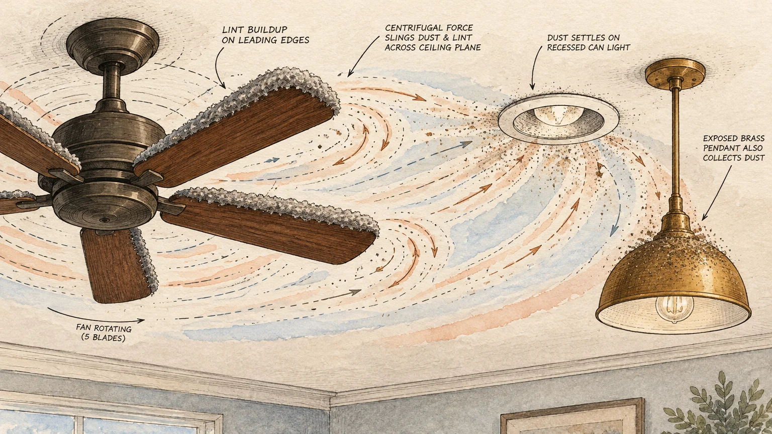 Diagram showing a dusty ceiling fan blowing airflow and particles toward a recessed light and brass pendant lamp.