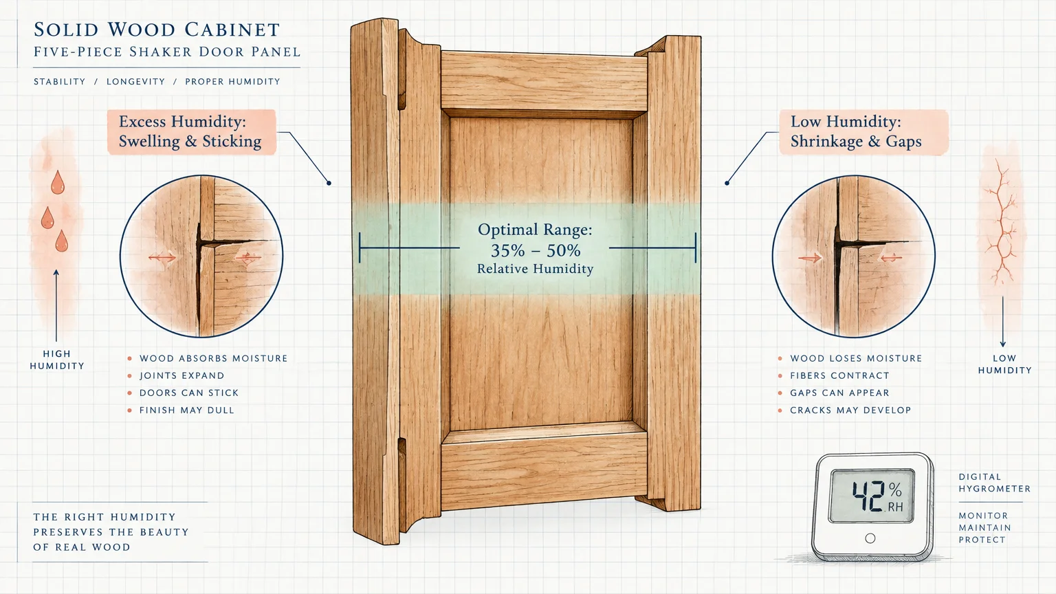 Diagram of a wood cabinet door showing joint movement in high and low humidity, with an optimal 35% to 50% range.