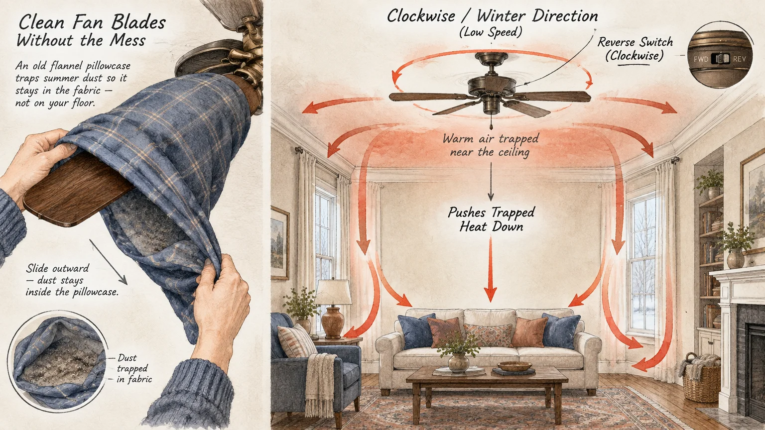 Illustration of cleaning a fan blade with a pillowcase alongside a ceiling fan circulating warm air downward.