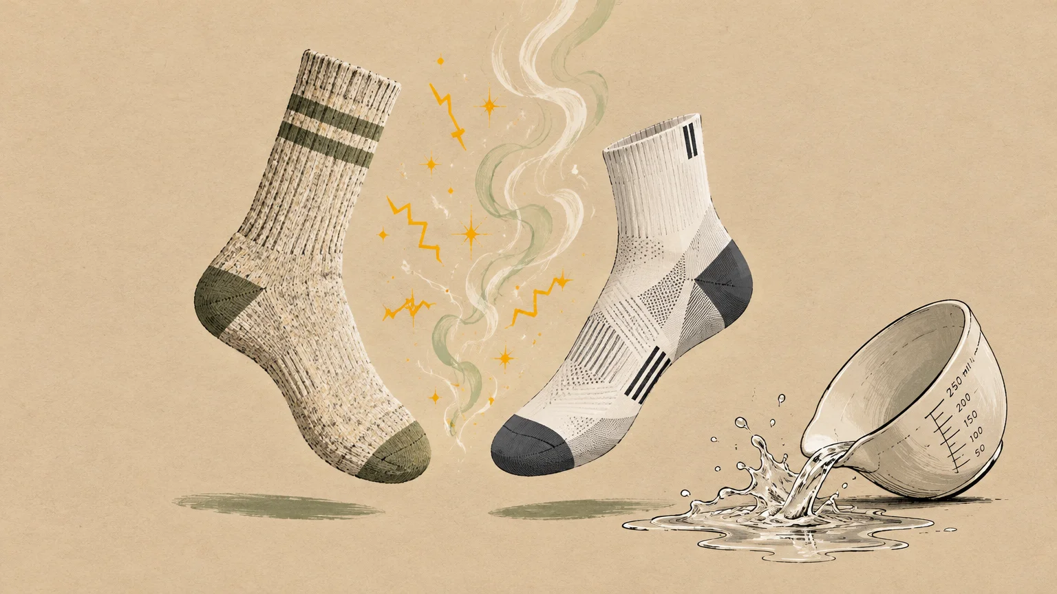 Illustration of two floating socks next to static spark symbols and liquid pouring from a measuring bowl.