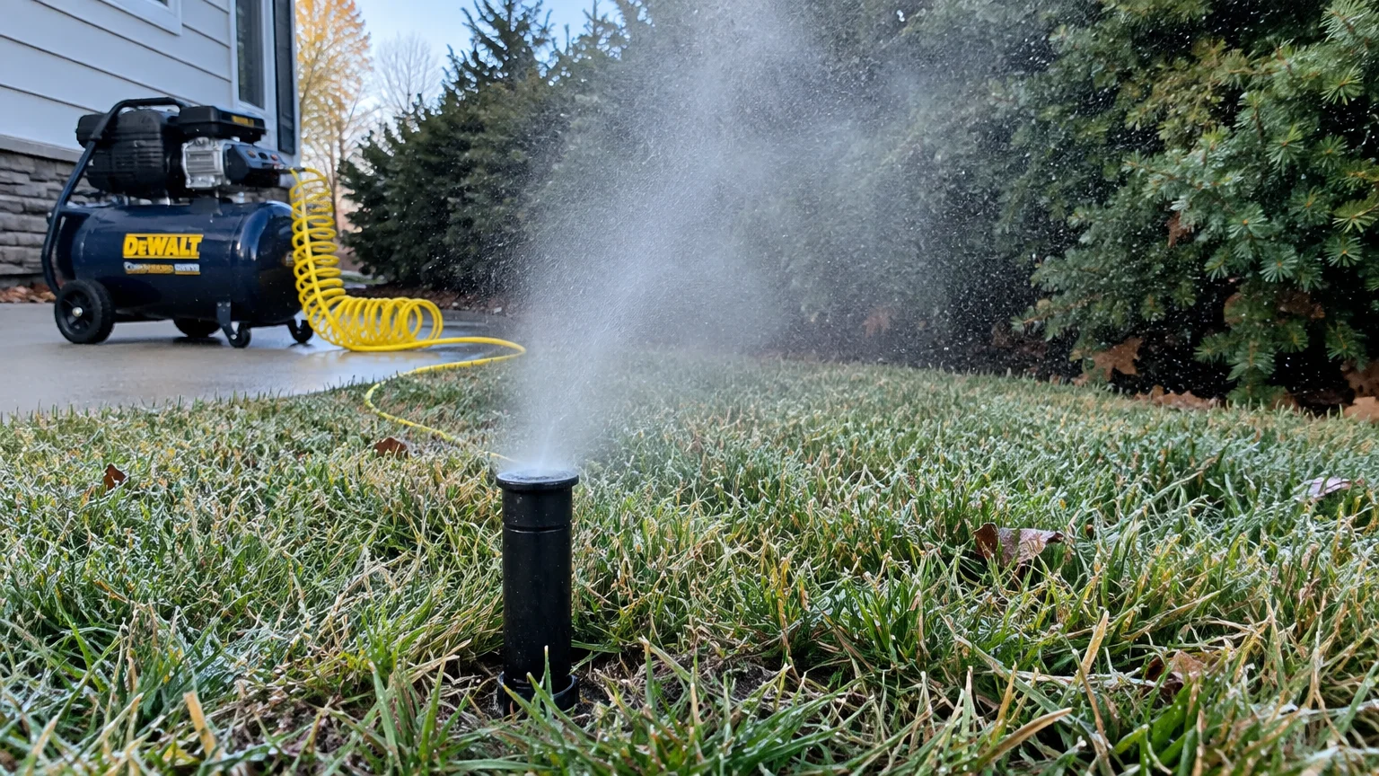 A lawn sprinkler head spraying a mist of water connected by a yellow hose to an air compressor on a driveway.