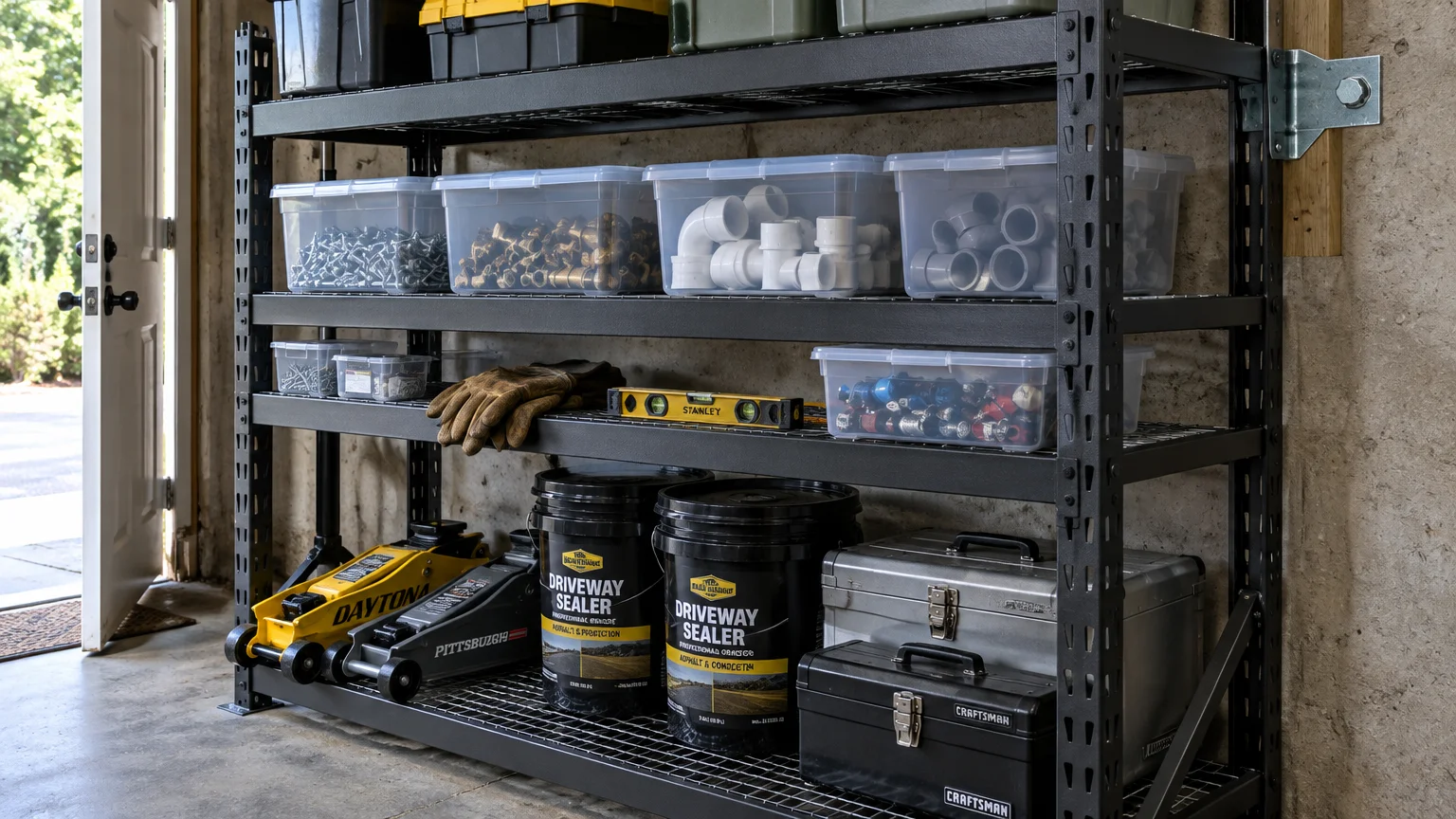 Black steel garage shelving unit filled with clear storage bins, tools, car jacks, and driveway sealer buckets.