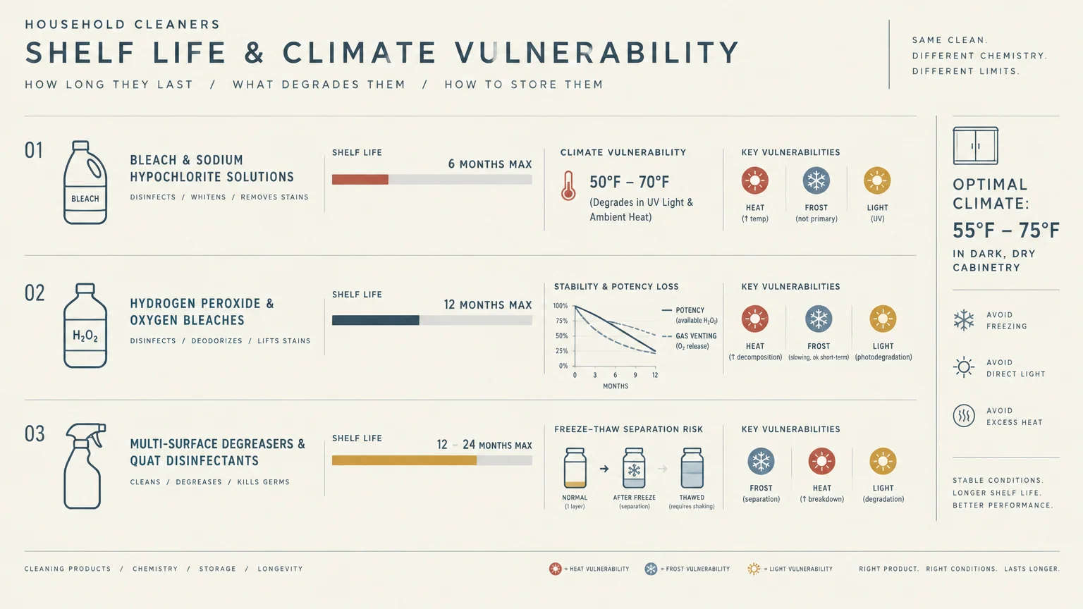 Diagram outlining shelf life, climate vulnerability, and storage guidelines for three household cleaning products.