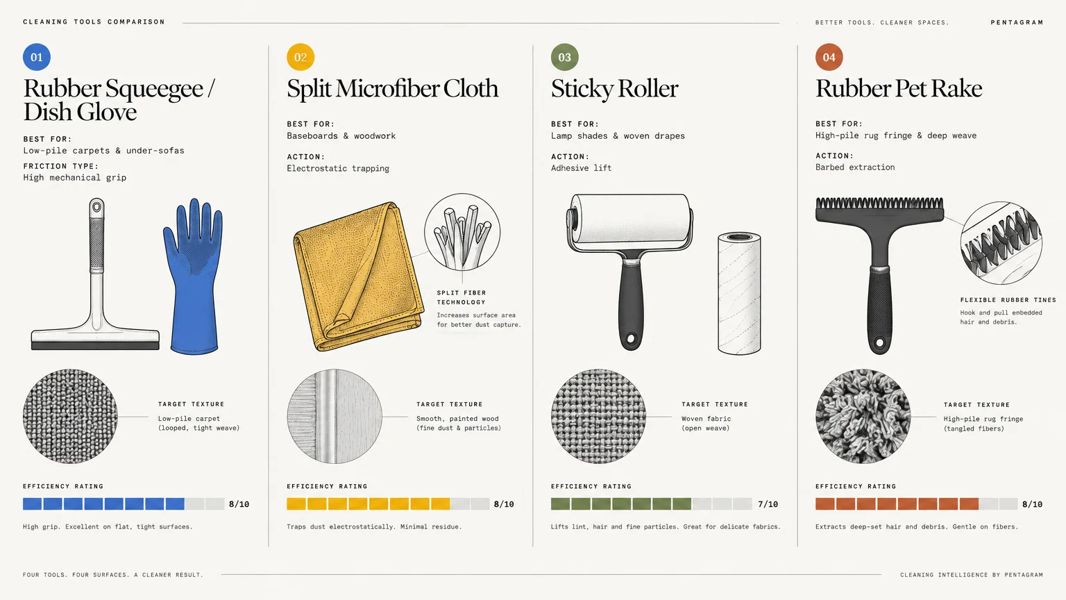 Chart comparing a rubber squeegee, microfiber cloth, sticky roller, and rubber pet rake by target surface and rating.