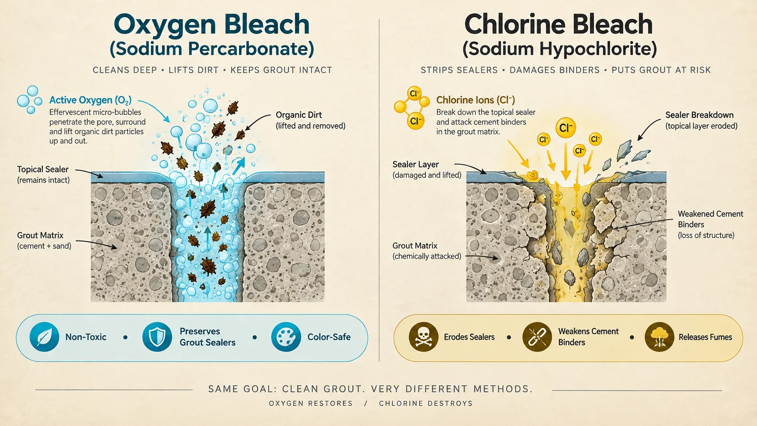Diagram comparing oxygen bleach lifting dirt from intact grout versus chlorine bleach eroding sealer and cement binders.