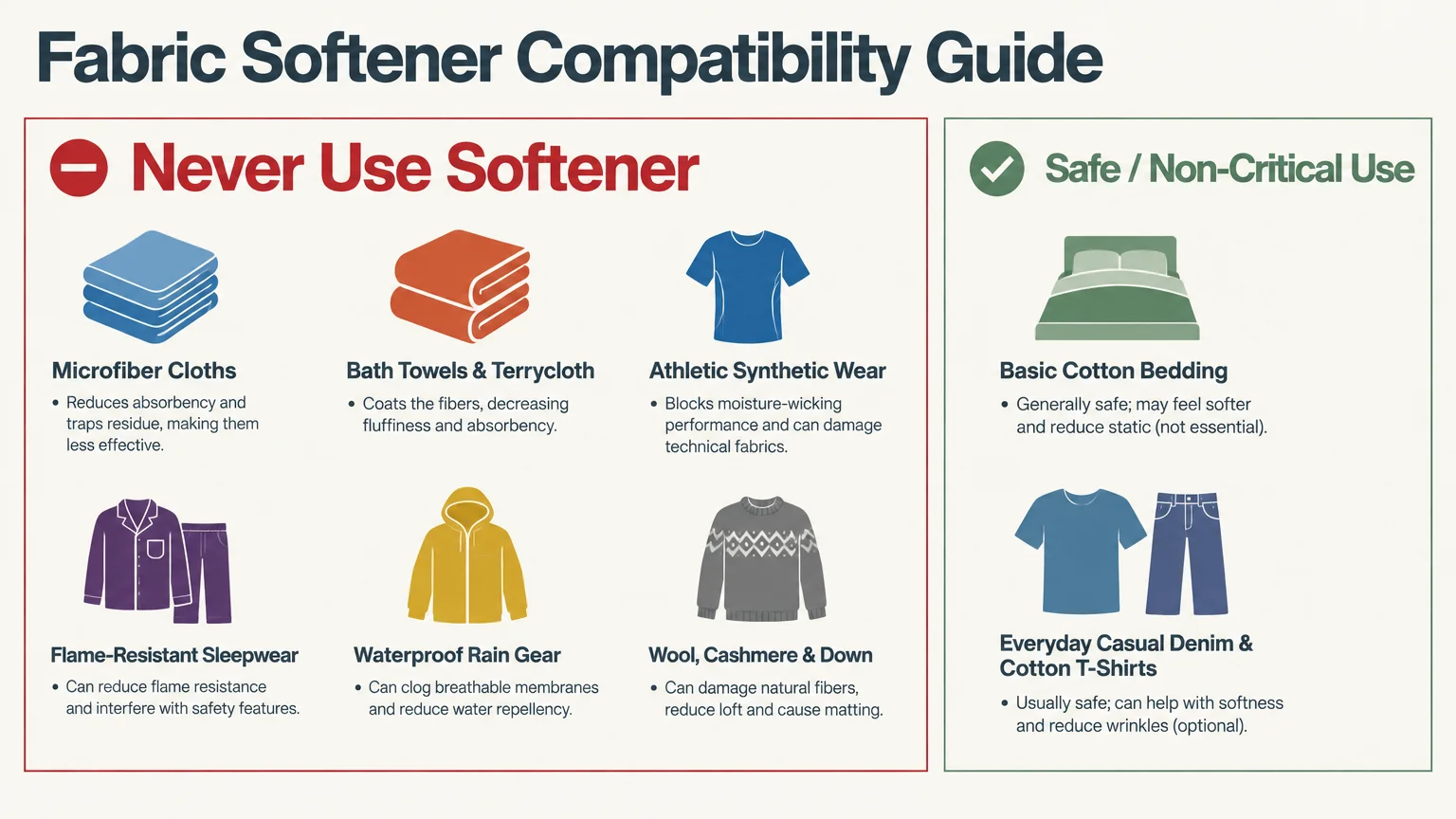Fabric Softener Compatibility Guide comparing items to never use softener on with safe cotton fabrics.