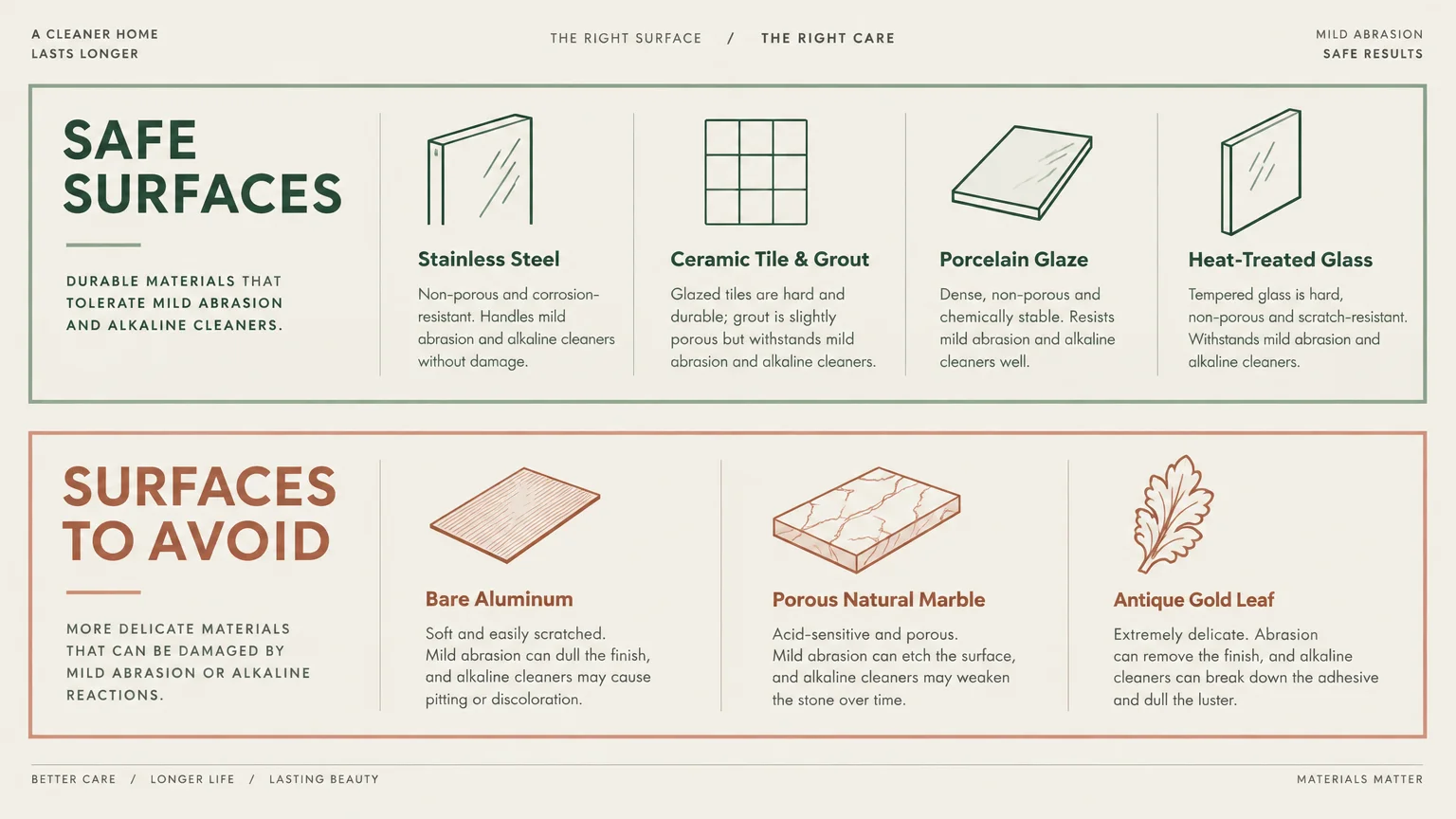 Surface guide infographic categorizing safe materials like stainless steel alongside surfaces to avoid like aluminum.